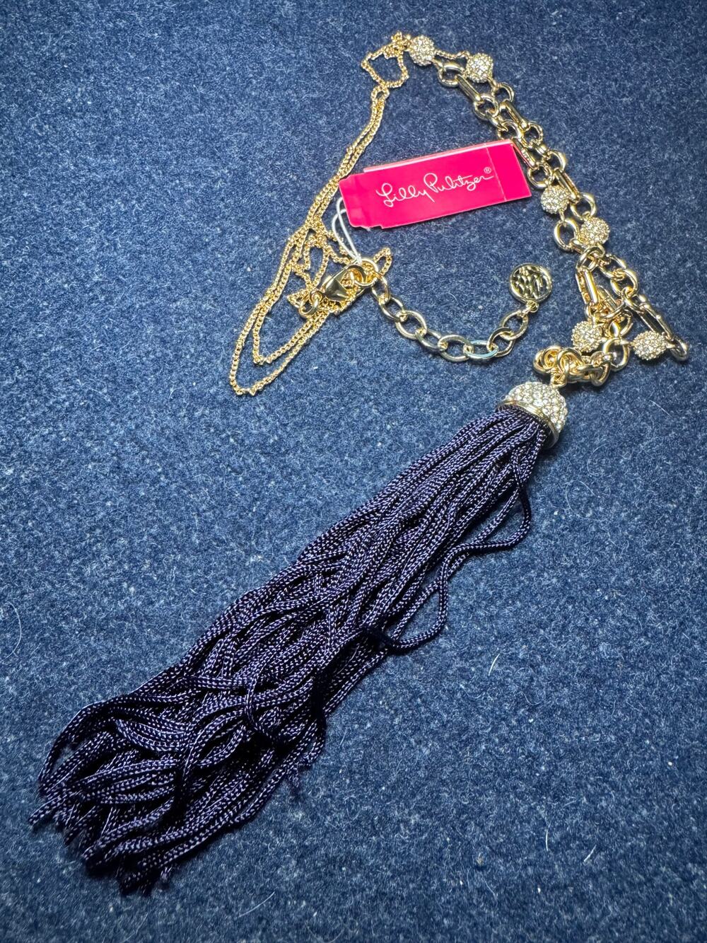 New Lilly Pulitzer Gold Tone Rhinestones 30in Necklace 4.5in Tassel